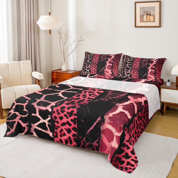 Homewish Cheetah Leopard Print Full Size Sheets, Black Pink Stripes Abstract Bed Sheets, Modern Fashion Art Sheet Sets, Breathable Home Decor, 4-Piece