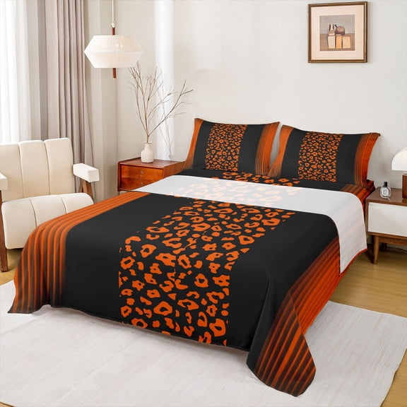 Homewish Cheetah Leopard Print Full Size Sheets, Cartoon Polkadot Bed Sheets, Black Orange Stripes Ombre Sheet Sets, 4-Piece