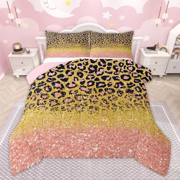 Homewish Cheetah Leopard Print Queen Comforter Set for Adult, Gold Pink Bedding Sets, Glitter Sequin Print Reversible Bedding Comforter Set, Breathable Home Decor, 3-Piece