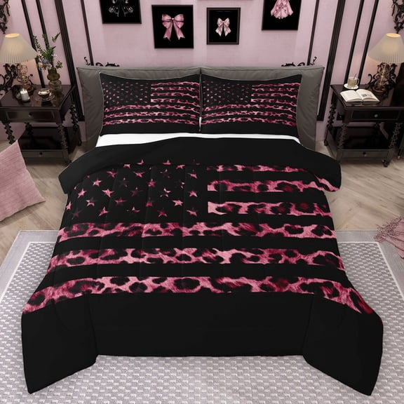 Homewish Cheetah Leopard Print Queen Comforter Set, Black Pink Polkadots Abstract Bedding Sets, Retro American Stars Flag Reversible Bedding Comforter Set, Lightweight Room Decor, 3pcs