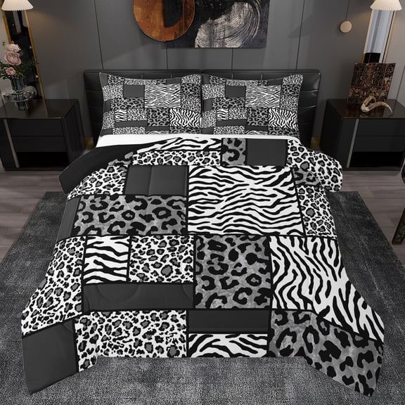 Homewish Cheetah Leopard Print Queen Comforter Set, Black White Patchwork Bedding Sets, Modern Fashion Abstract Reversible Bedding Comforter Set, Luxury Bedroom Decor, 3 Pieces