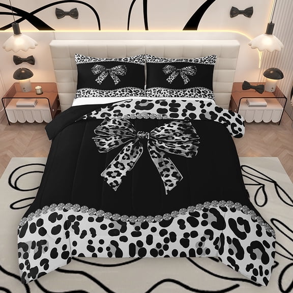 Homewish Cheetah Leopard Print Queen Comforter Set, Chic Black Grey Ribbon Bedding Sets, Fashion Princess Style Reversible Bedding Comforter Set, Microfiber Bedroom Decor, 3pcs