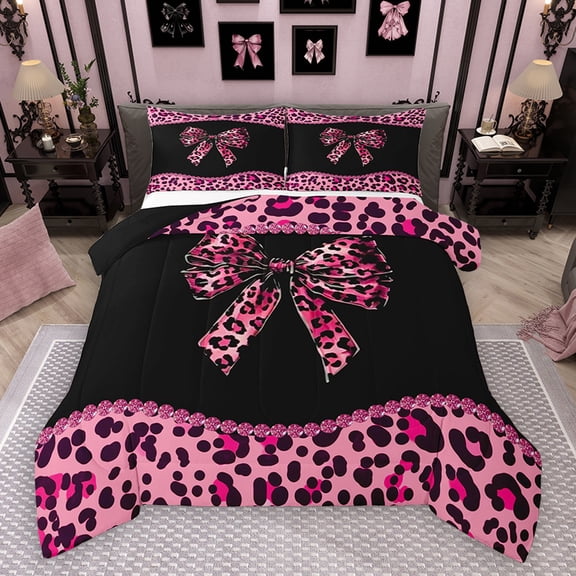 Homewish Cheetah Leopard Print Queen Comforter Set, Chic Black Pink Ribbon Bedding Sets, Fashion Princess Style Reversible Bedding Comforter Set, Super Cozy Room Decor, 3pcs