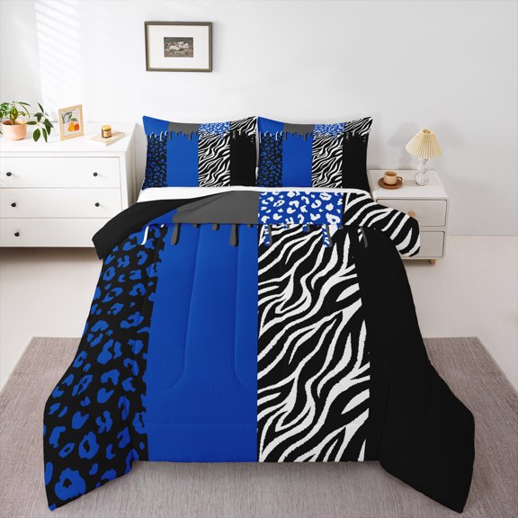 Homewish Cheetah Leopard Print Queen Comforter Set for Girl, Black Blue Zebra Animal Bedding Sets, Stripes Abstract Reversible Bedding Comforter Set, Super Cozy Room Decor, 3-Piece