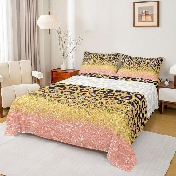 Homewish Cheetah Leopard Print Queen Sheet Sets for Adult, Gold Pink Flat Sheet, Glitter Sequin Print Queen Fitted Sheet, Breathable Home Decor, 4-Piece