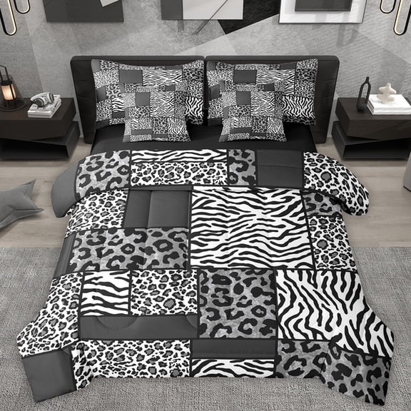 Homewish Cheetah Leopard Print Twin Bedding Sets 7-Piece, Black White Patchwork Bedding Comforter Set, Modern Fashion Abstract Reversible Sheet Sets, Luxury Bedroom Decor