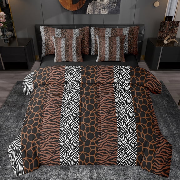 Homewish Cheetah Leopard Print Twin Bedding Sets 7-Piece, Brown Grey Fashion Stripes Bedding Comforter Set, Teens Adult men Women Reversible Sheet Sets, Luxury Bedroom Decor