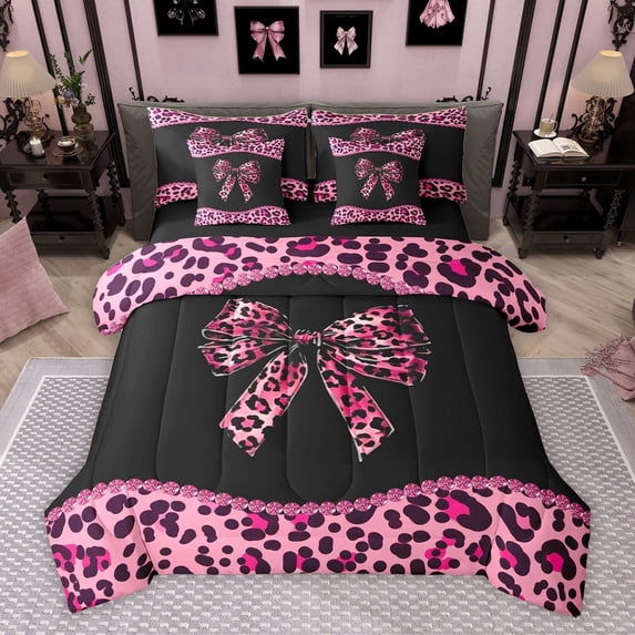 Homewish Cheetah Leopard Print Twin Bedding Sets 7-Piece, Chic Black Pink Ribbon Bedding Comforter Set, Fashion Princess Style Reversible Sheet Sets, Super Cozy Room Decor