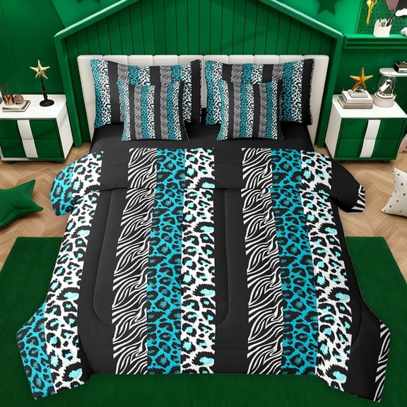 Homewish Cheetah Leopard Print Twin Bedding Sets 7-Piece, Cyan Modern Fashion Stripes Bedding Comforter Set, Teens Adult men Women Reversible Sheet Sets, Ultra Soft Bedroom Decor