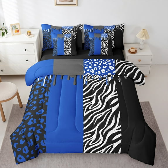 Homewish Cheetah Leopard Print Twin Bedding Sets 7-Piece for Girl, Black Blue Zebra Animal Bedding Comforter Set, Stripes Abstract Reversible Sheet Sets, Super Cozy Room Decor