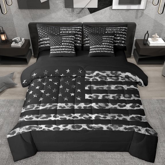 Homewish Cheetah Leopard Print Twin Bedding Sets 7-Piece, White Grey Polkadots Abstract Bedding Comforter Set, Retro American Stars Flag Reversible Sheet Sets, Breathable Home Decor