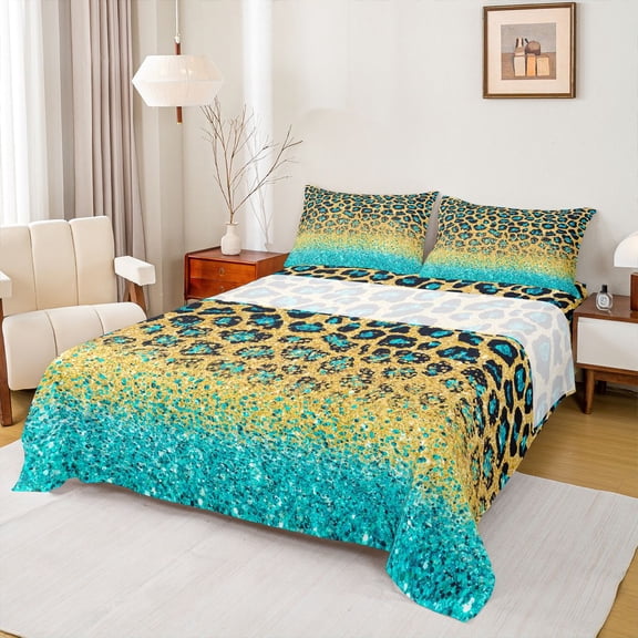 Homewish Cheetah Leopard Print Twin Sheet Sets for Adult, Gold Cyan Twin Fitted Sheet, Glitter Sequin Print Flat Sheet, Lightweight Room Decor, 3-Piece