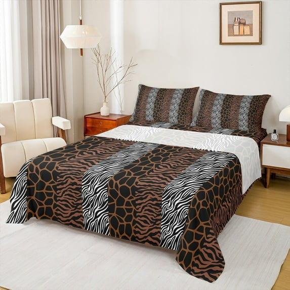 Homewish Cheetah Leopard Print Twin Sheet Sets, Brown Grey Fashion Stripes Twin Fitted Sheet, Teens Adult men Women Flat Sheet, Luxury Bedroom Decor, 3 Pieces