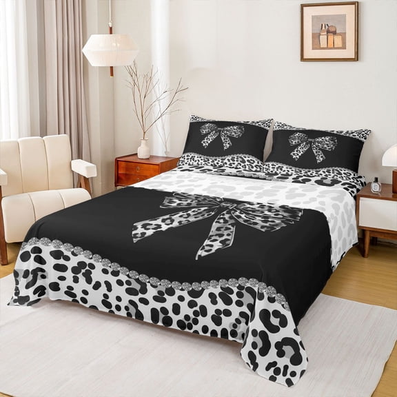 Homewish Cheetah Leopard Print Twin Sheet Sets, Chic Black Grey Ribbon Twin Fitted Sheet, Fashion Princess Style Flat Sheet, Microfiber Bedroom Decor, 3pcs