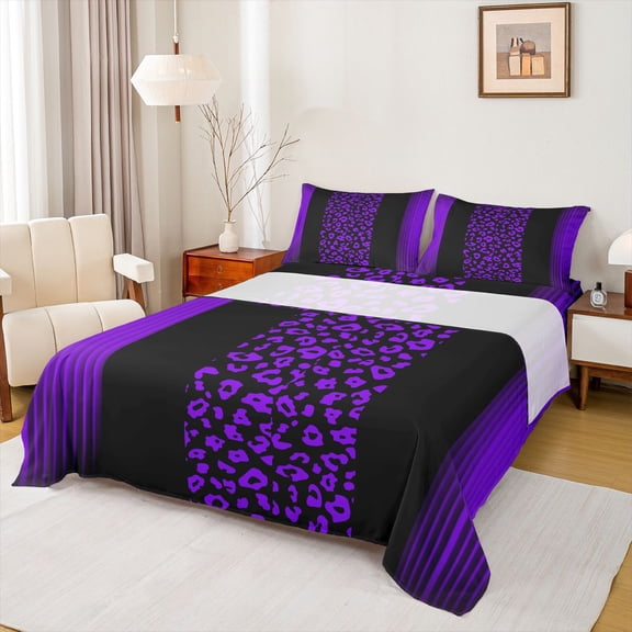 Homewish Cheetah Leopard Print Twin Sheet Sets, Chic Cartoon Polkadot Twin Fitted Sheet, Black Purple Stripes Ombre Flat Sheet, Microfiber Bedroom Decor, 3-Piece