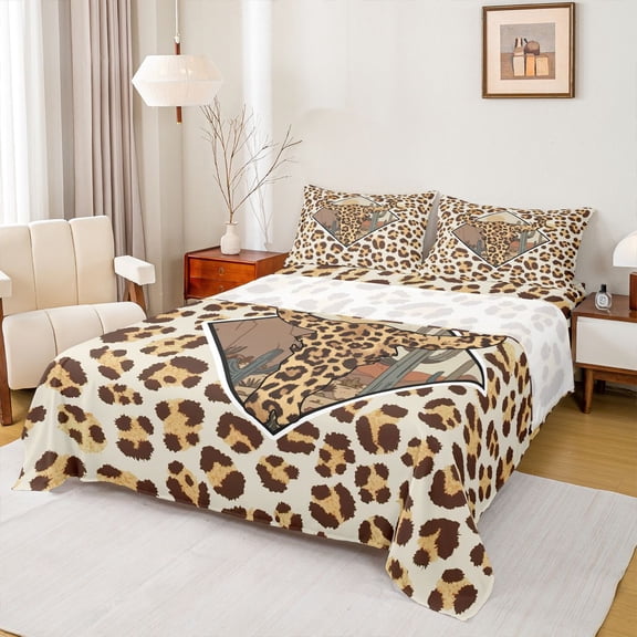Homewish Cheetah Leopard Print Twin Sheet Sets for Teen, Vintage Western Fashion Twin Fitted Sheet, Cow Skeleton Flat Sheet, Lightweight Room Decor, 3pcs