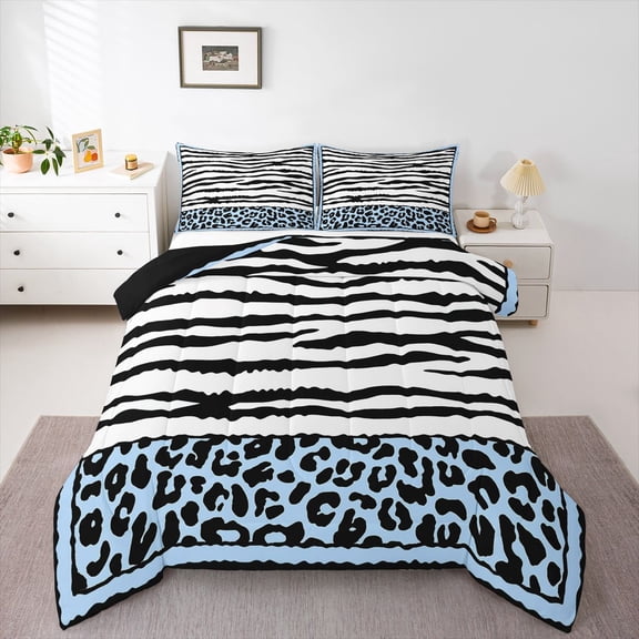 Homewish Cheetah Queen Comforter Set, Zebra Print, Blue White Black, 3-Piece Luxury Reversible