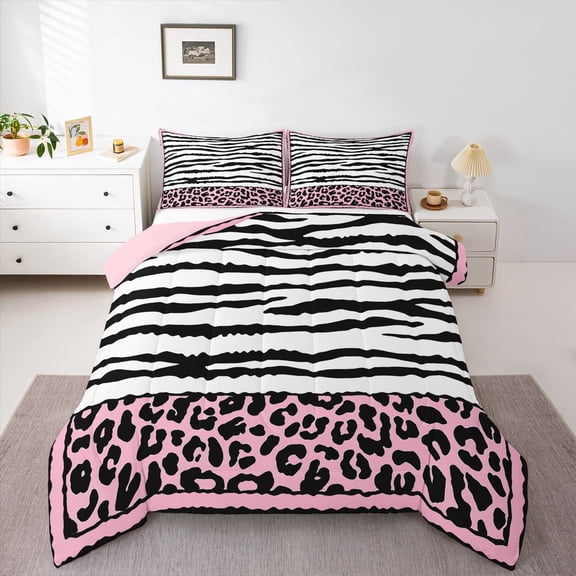 Homewish Cheetah Pattern Queen Comforter Set,Zebra Print Bedding Sets,Pink White Black Bedding Comforter Set For Girl,Luxury Bedroom Decor Reversible,3pcs