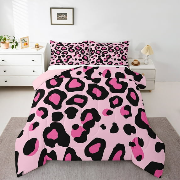Homewish Cheetah Print 3-Piece Full Size Comforter Sets for Female Men,Black Pink Bedding Comforter Set,Jungle Animal Lightweight Bedding Sets,Ultra Soft Home Decor,Reversible