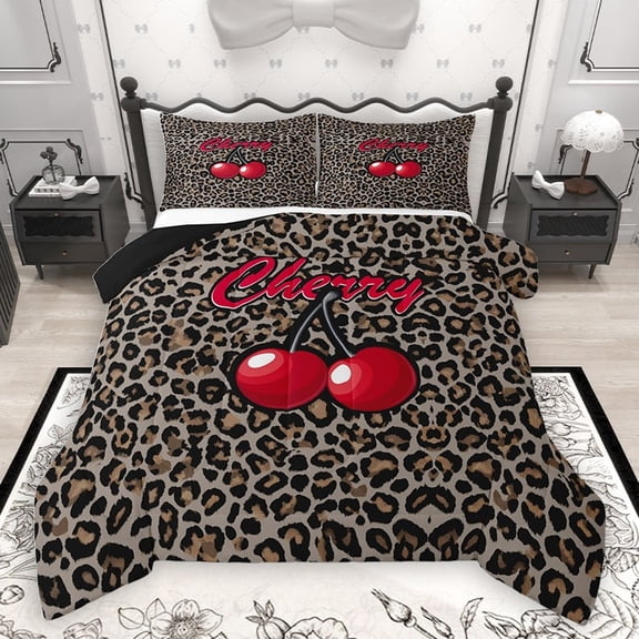 Homewish Cheetah Print 3 Pieces Queen Comforter Set for Female Men,Red Cherry Ultra Soft Bedding Sets,Retro Vintage Bedding Comforter Set,Ultra Soft Home Decor,Reversible