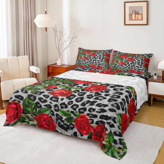 Homewish Cheetah Print King Sheet Set, 4Pcs Red Floral Rose Animal Print Microfiber Bedding