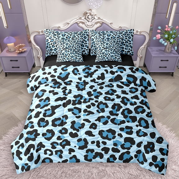 Homewish Cheetah Print 7pcs Bedding Comforter Set for Female Men,Black Blue Queen Bedding Sets Super Cozy,Geometric Stripes Queen Sheet Sets,Ultra Soft Home Decor,Reversible