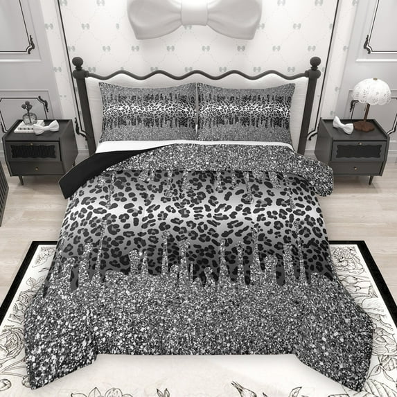Homewish Cheetah Print Bedding Comforter Set 2pcs for Female Men Adults,Bling Grey Glitter Twin Comforter Sets Microfiber,Abstract Gradient Breathable Bedding Set,Lightweight Room Decor,Reversible