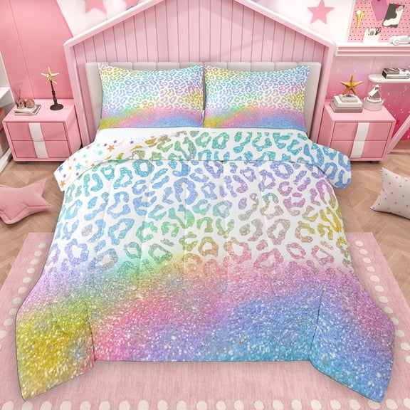 Homewish Cheetah Print Bedding Comforter Set 2pcs for Kids Children Teens,Dreamy Princess Twin Comforter Sets Microfiber,Gradient Bling Glitter Breathable Bedding Set,Breathable Home Decor