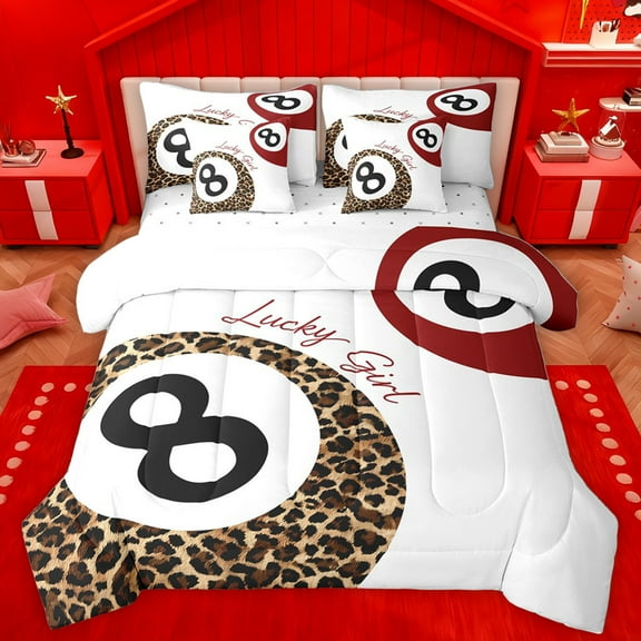 Homewish Cheetah Print Billiards 7-Piece Bedding Comforter Set,Black Eight King Bedding Sets,Chic Leopard Pattern Bed Sheets For Girls Boys,Microfiber Bedroom Decor Reversible