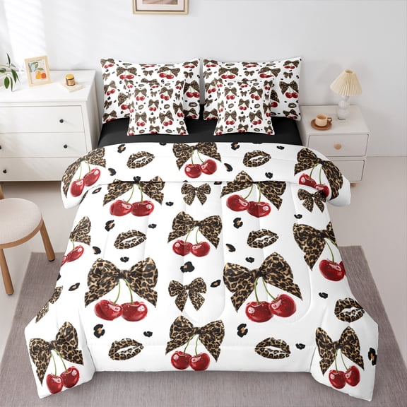 Homewish Cheetah Print Bowknot Bedding Comforter Set 7-Piece for Female, Chic Cherry Ribbon King Bedding Sets, Modern Fashion Reversible Bed Sheets, Microfiber Bedroom Decor
