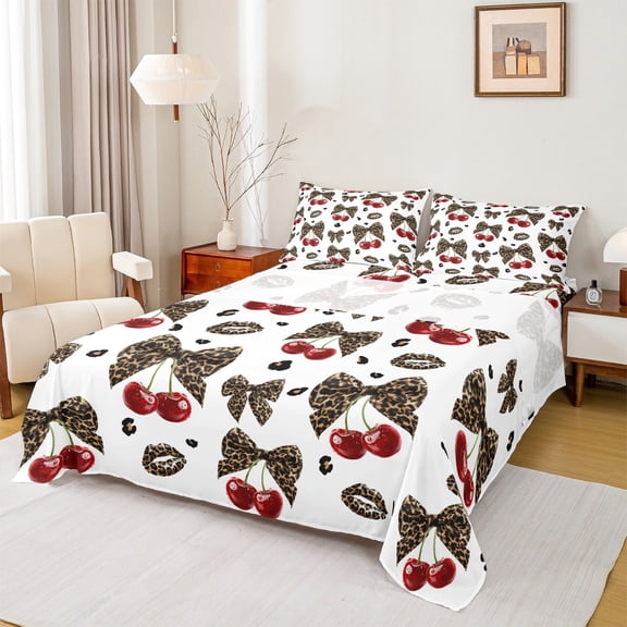 Homewish Cheetah Print Bowknot Full Size Sheets for Female, Chic Cherry Ribbon Bed Sheets, Modern Fashion Sheet Sets, Microfiber Bedroom Decor, 4pcs