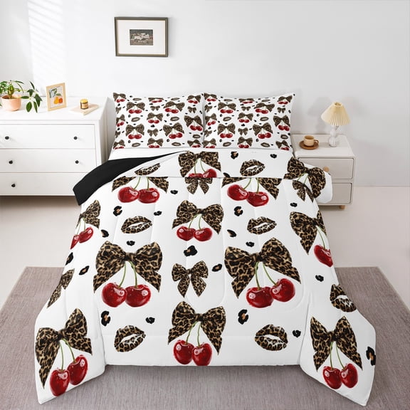 Homewish Cheetah Print Bowknot Queen Comforter Set for Female, Chic Cherry Ribbon Bedding Sets, Modern Fashion Reversible Bedding Comforter Set, Microfiber Bedroom Decor, 3pcs
