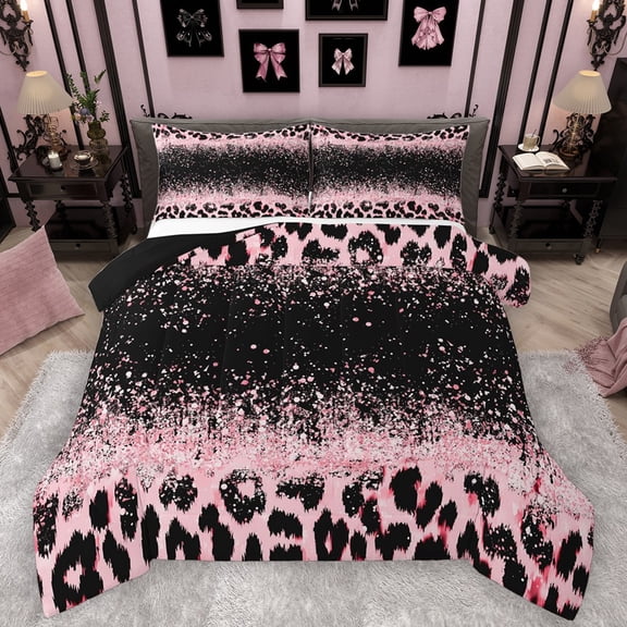 Homewish Cheetah Print Girl 3 Pieces Queen Comforter Set,Black Pink Ultra Soft Bedding Sets,Bling Glitter Bedding Comforter Set,Microfiber Bedroom Decor,Reversible