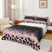 Homewish Cheetah Print Girl 3pcs Twin Sheet Sets,Black Pink Twin Fitted Sheet,Bling Glitter Breathable Flat Sheet,Microfiber Bedroom Decor