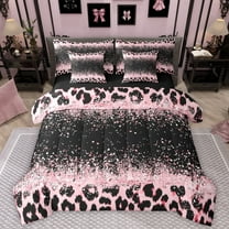 Homewish Cheetah Print Girl 7-Piece Twin Bedding Sets,Black Pink Bedding Comforter Set,Bling Glitter Breathable Sheet Sets,Microfiber Bedroom Decor,Reversible