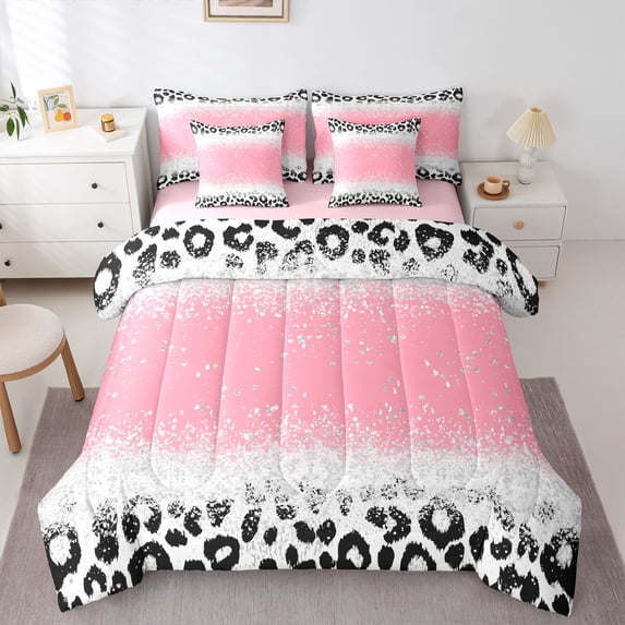 Homewish Cheetah Print Girl 7 Pieces Bedding Comforter Set,Black Pink Grey Full Bedding Set Lightweight,Bling Glitter Fitted Sheet Flat Sheet,Microfiber Bedroom Decor,Reversible