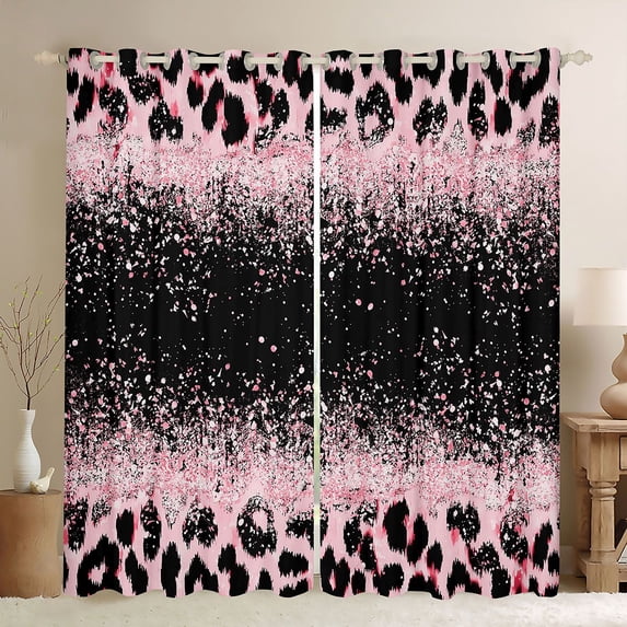 Homewish Cheetah Print Girl Black Out Curtains,Black Pink Curtains Pack of 2 (42x63 Each),Bling Glitter Bedroom Curtains,Microfiber Bedroom Decor