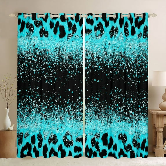 Homewish Cheetah Print Girl Boy Curtains Pack of 2 (42x84 Each),Black Blue Curtains Blackout,Bling Glitter Bedroom Curtains,Microfiber Bedroom Decor