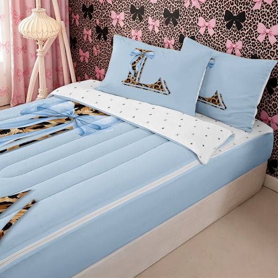 Homewish Cheetah Print Letter Monogrammed L Zipper Twin Comforter Sets with Fitted Sheet and 2 Pillowcases for Teens,Girls Blue Bow Knot Zipper Bedding Set,4-Piece