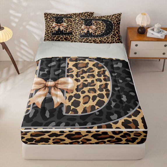 Homewish Cheetah Print Monogrammed Zipper Full Size Comforter Sets with Fitted Sheet and 2 Pillowcases, Initial D Letter Zipper Bedding Set, Gray Reversible, 4-Piece