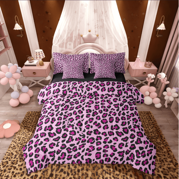 Homewish Cheetah Print 7-Piece Twin Bedding Set - Black Pink Leopard