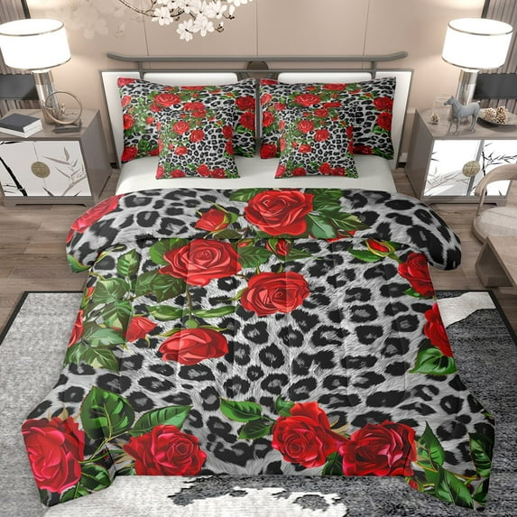 Homewish Cheetah Print 7-Piece Twin Bedding Set - Red Floral Rose