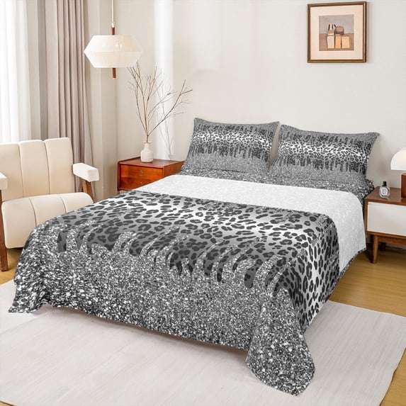 Homewish Cheetah Print Twin Sheet Sets 3pcs for Female Men Adults,Bling Grey Glitter Twin Fitted Sheet Microfiber,Abstract Gradient Breathable Flat Sheet,Lightweight Room Decor