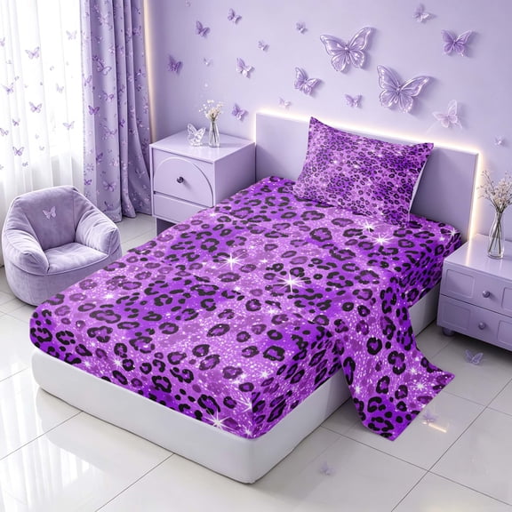 Homewish Cheetah Print Twin Sheets, Purple Leopard Print Bedding, 3 Pieces (1 Flat Sheet, 1 Fitted Sheet and 1 Pillowcase)