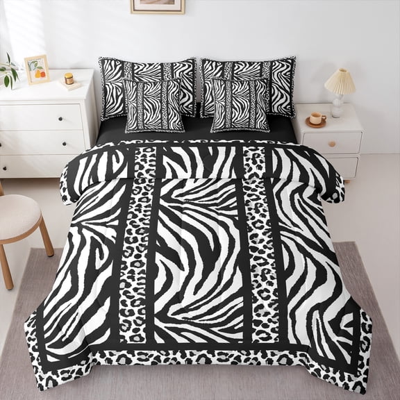 Homewish Cheetah Zebra Print 7pcs Bedding Comforter Set for Boys Girls,Animal Print Queen Bedding Sets Super Cozy,Geometric Stripes Lines Queen Sheet Sets,Super Cozy Room Decor,Reversible