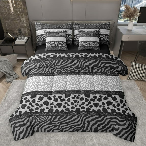 Homewish Cheetah Zebra Print Bedding Comforter Set 7 Pieces for Teens Female Men,Retro Vintage Aesthetic Full Bedding Set Lightweight,Abstract Geometric Stripes Fitted Sheet Flat Sheet