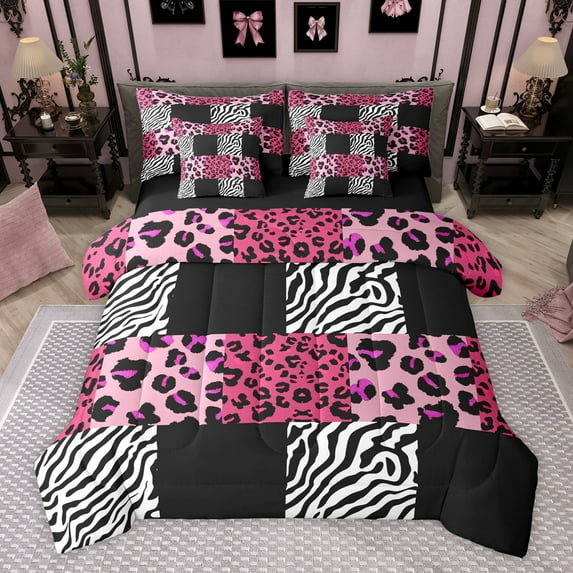 Homewish Cheetah Zebra Print Bedding Comforter Set 7pcs for Teens Female Men,Retro Vintage Aesthetic Queen Bedding Sets Super Cozy,Abstract Geometric Plaid Queen Sheet Sets,Reversible Room Decor