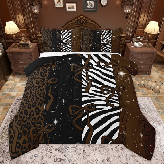 Homewish Cheetah Zebra Print Queen Comforter Set for Adult, Dreamy Stars Galaxy Bedding Sets, Brown Modern Bowknot Reversible Bedding Comforter Set, Ultra Soft Bedroom Decor, 3pcs