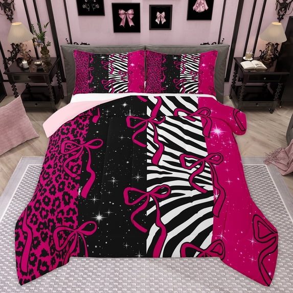 Homewish Cheetah Zebra Print Queen Comforter Set for Adult, Dreamy Stars Galaxy Bedding Sets, Hot Pink Modern Bowknot Reversible Bedding Comforter Set, Luxury Bedroom Decor, 3pcs