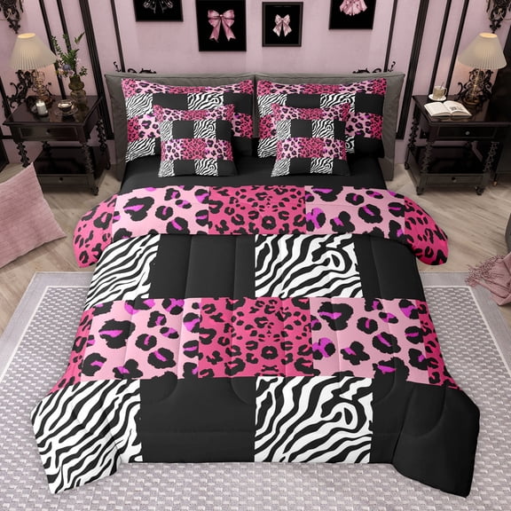 Homewish Cheetah Zebra Print Twin Bedding Sets 7-Piece for Teens Female Men,Retro Vintage Aesthetic Bedding Comforter Set Microfiber,Abstract Geometric Plaid Breathable Sheet Sets